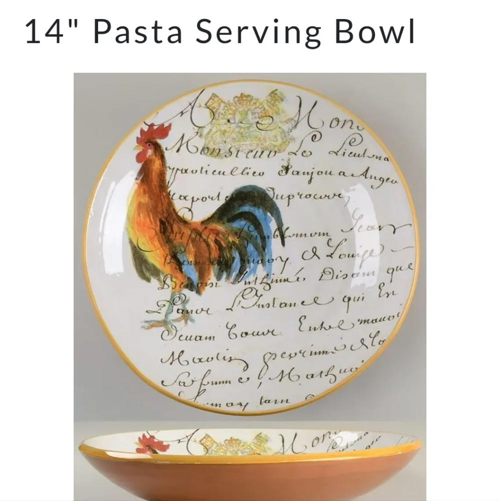 Williams Sonoma Rooster Script Pasta Large Serving Bowl Italy 14”